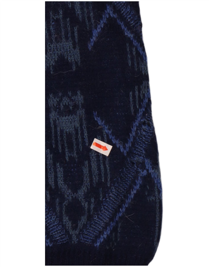 Suéter vintage masculino com gola redonda grande azul marinho Fair Isle