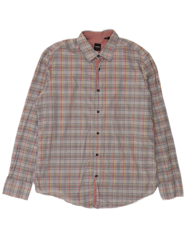 Camisa masculina Hugo Boss Regular Fit grande algodão xadrez cinza