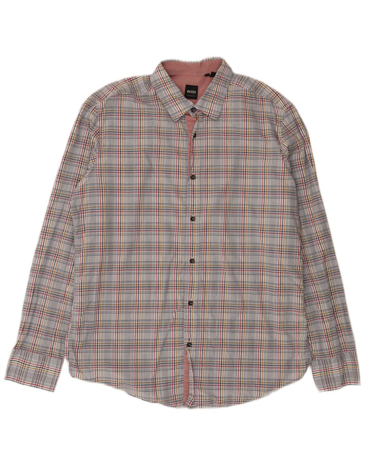 Camisa masculina Hugo Boss Regular Fit grande algodão xadrez cinza