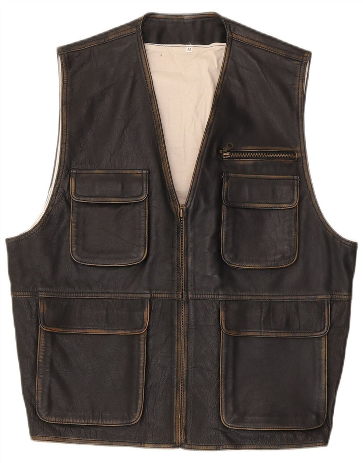 Colete utilitário de couro masculino vintage UK 38 médio preto