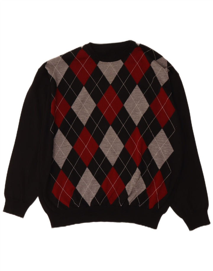 Suéter vintage masculino com gola redonda grande multicolorido Argyle/Diamante