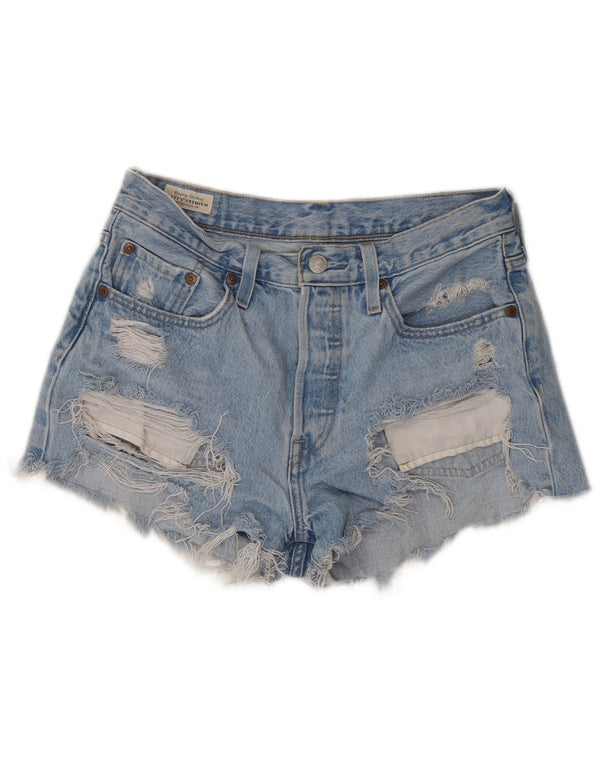 Shorts jeans feminino Levi's 501 de cintura alta desgastado W27 pequeno algodão azul