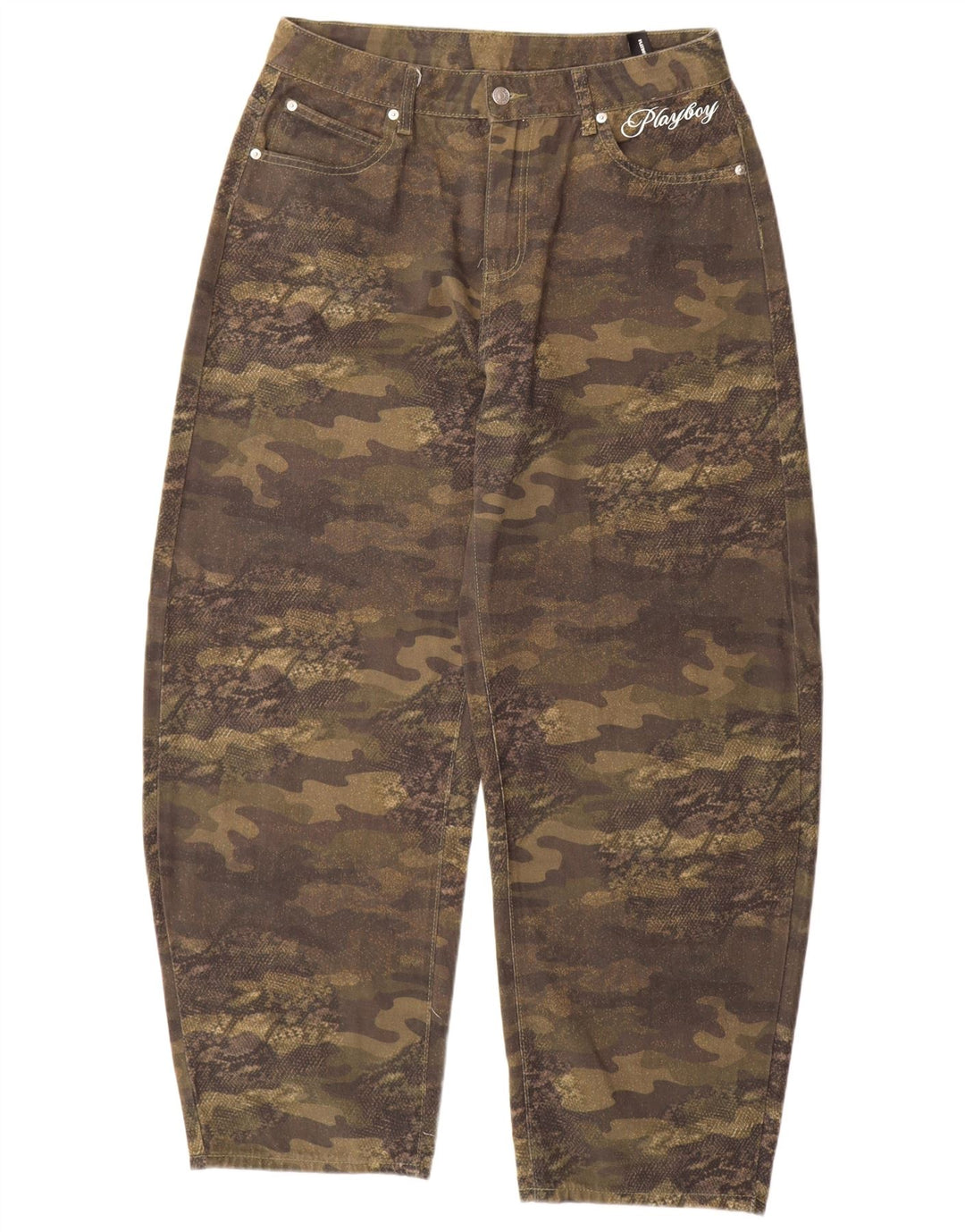 Playboy x Sumwon Jeans feminino gráfico cônico médio W32 L31 cáqui