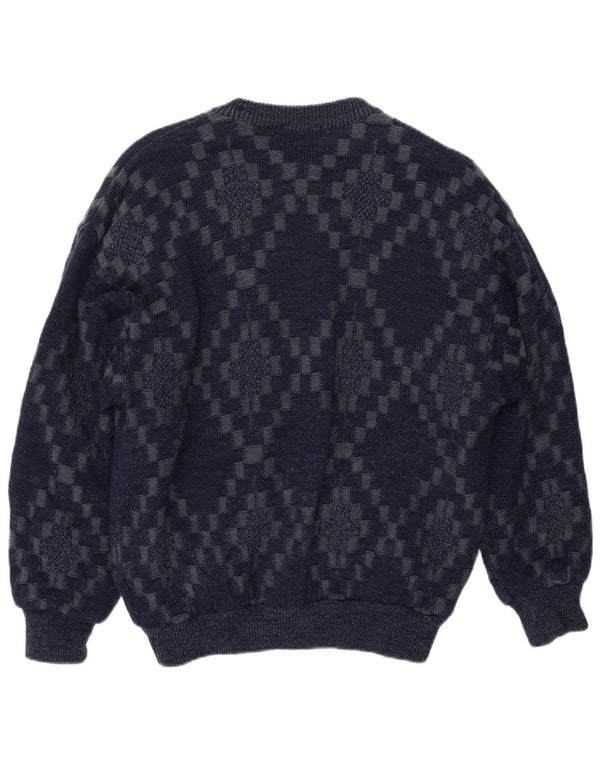 Suéter cardigã masculino VINTAGE grande viscose geométrica azul marinho