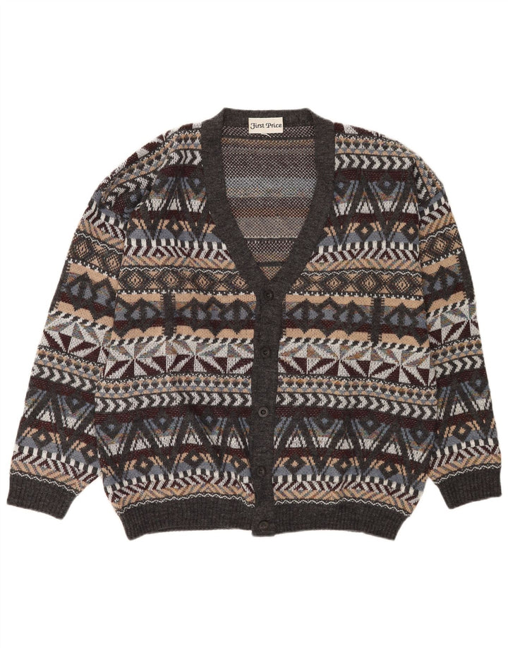 Suéter cardigã masculino vintage lã geométrica cinza médio