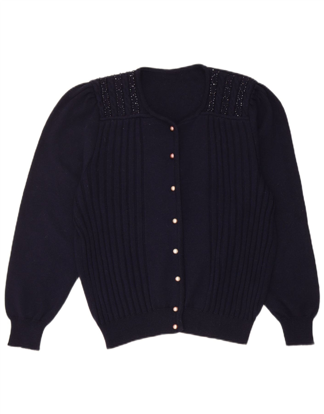 Suéter cardigã feminino vintage Reino Unido 14 azul marinho médio