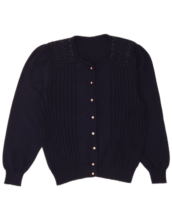 Suéter cardigã feminino vintage Reino Unido 14 azul marinho médio