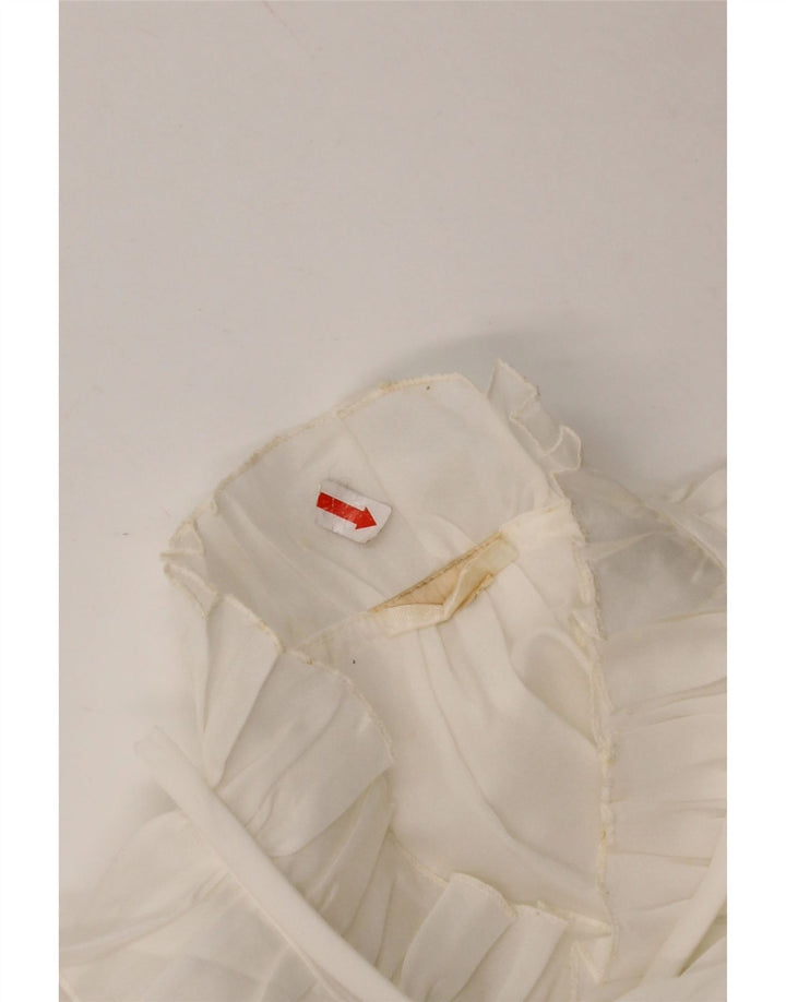 Blusa feminina VINTAGE com babados na frente Reino Unido 16 grande branca