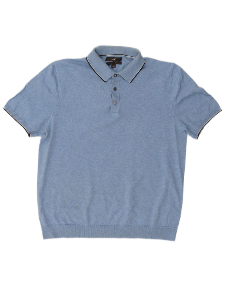 Suéter masculino Marks & Spencer de manga curta com gola polo azul médio