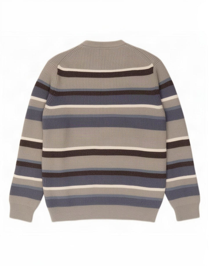 Suéter masculino Marks & Spencer com gola redonda, grande poliéster listrado cinza
