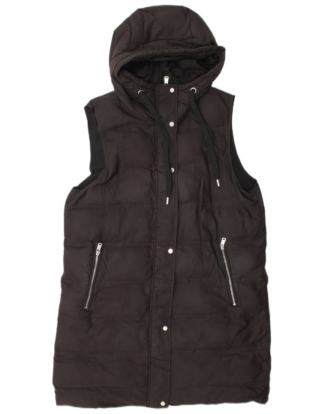 Zara Womens Longline Hooded Gilet UK 14 Médio Preto Poliéster