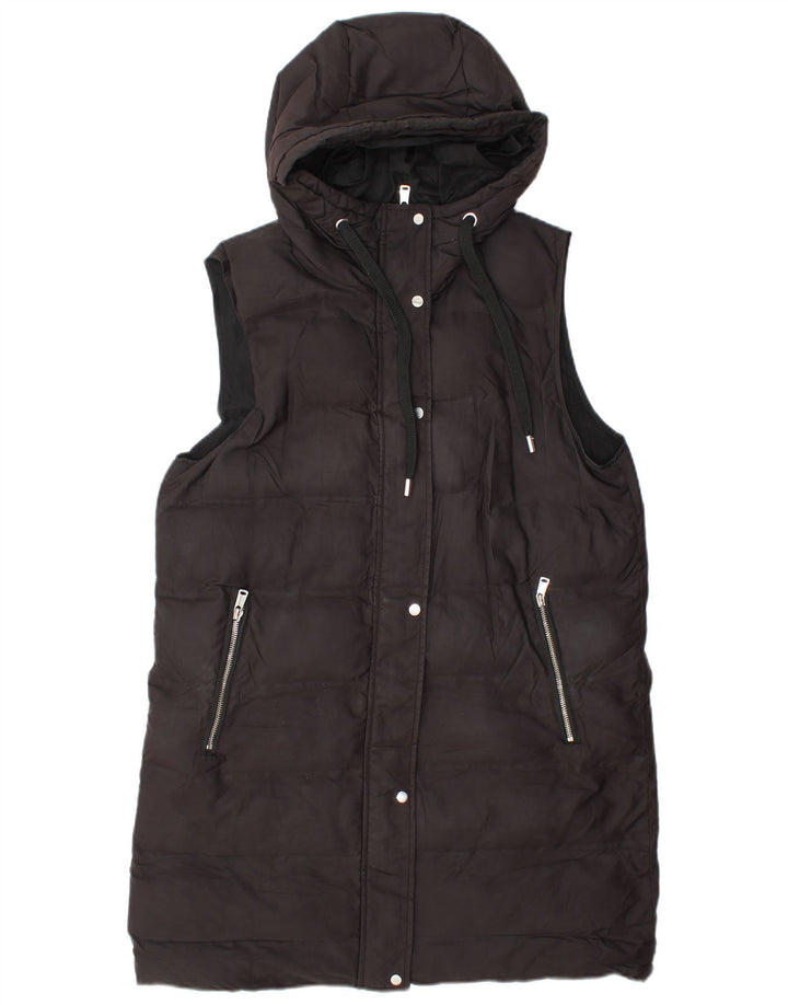 Zara Womens Longline Hooded Gilet UK 14 Médio Preto Poliéster