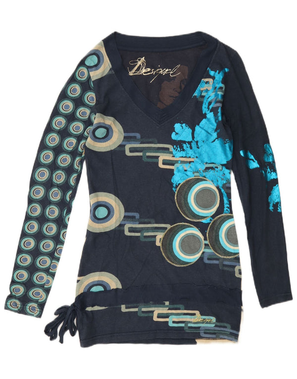 Top gráfico feminino Desigual manga comprida UK 6 XS azul marinho algodão geométrico