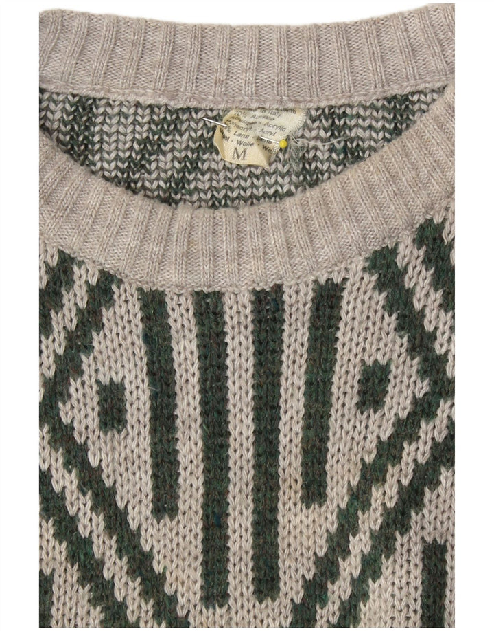 Suéter vintage masculino com gola redonda e acrílico geométrico cinza médio