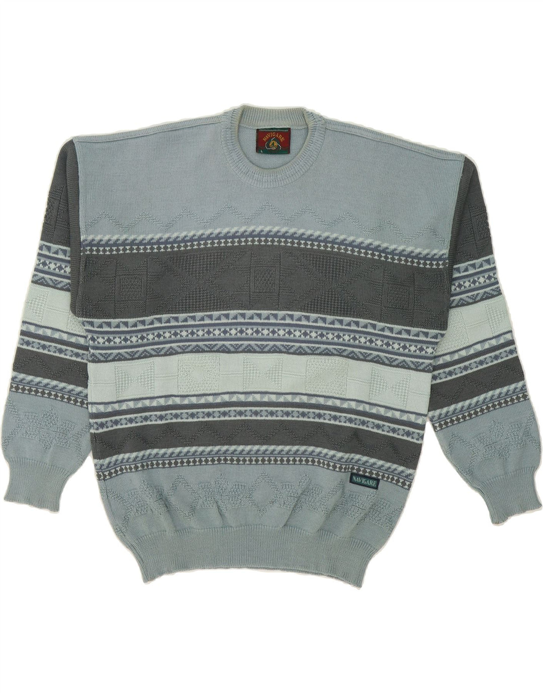 NAVIGARE Mens Crew Neck Jumper Sweater Large Blue Striped Cotton Vintage Navigare and Second-Hand Navigare from Messina Hembry 
