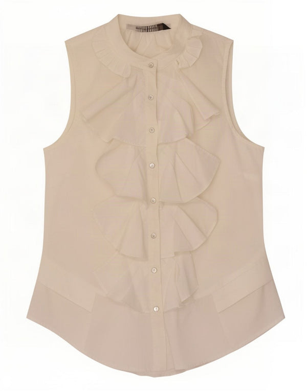 Blusa feminina Zara sem mangas com babados na frente Reino Unido 10 algodão branco pequeno