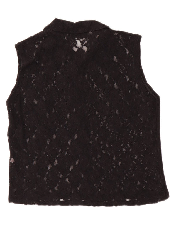 Blusa feminina vintage transparente sem mangas UK 8 pequena preta