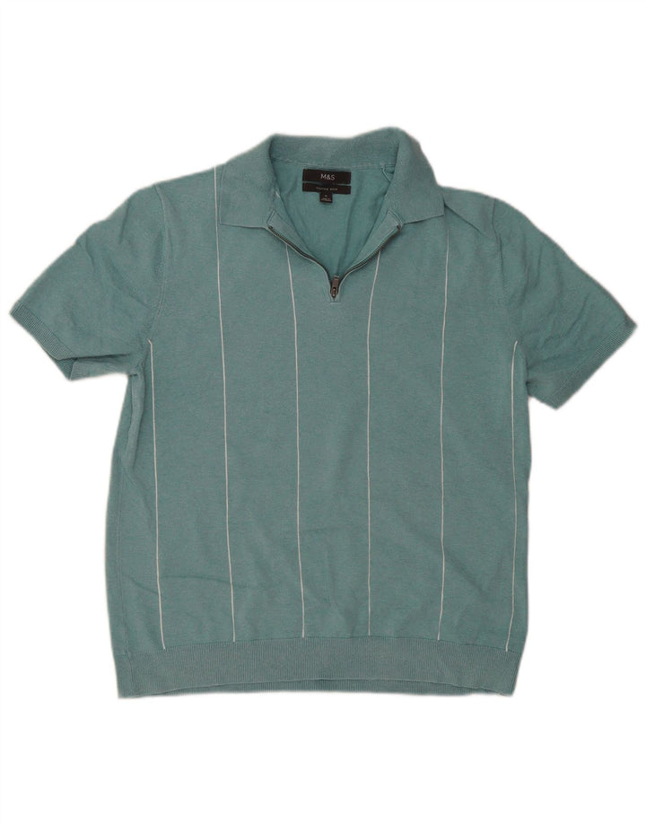 Camisa polo masculina de manga curta Marks & Spencer listrada turquesa média