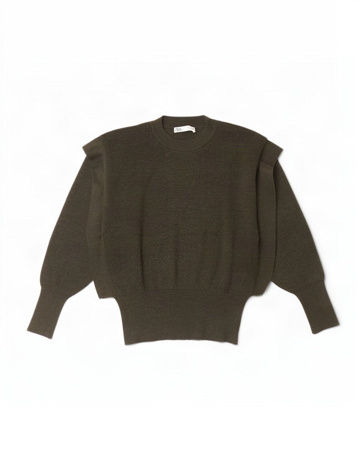 Suéter feminino Zara Batwing com gola redonda Reino Unido 10 lã cáqui pequena