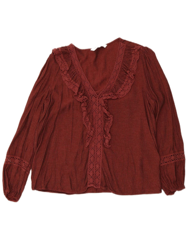 Blusa feminina de manga comprida com babados na frente da Zara Reino Unido 12 médio marrom