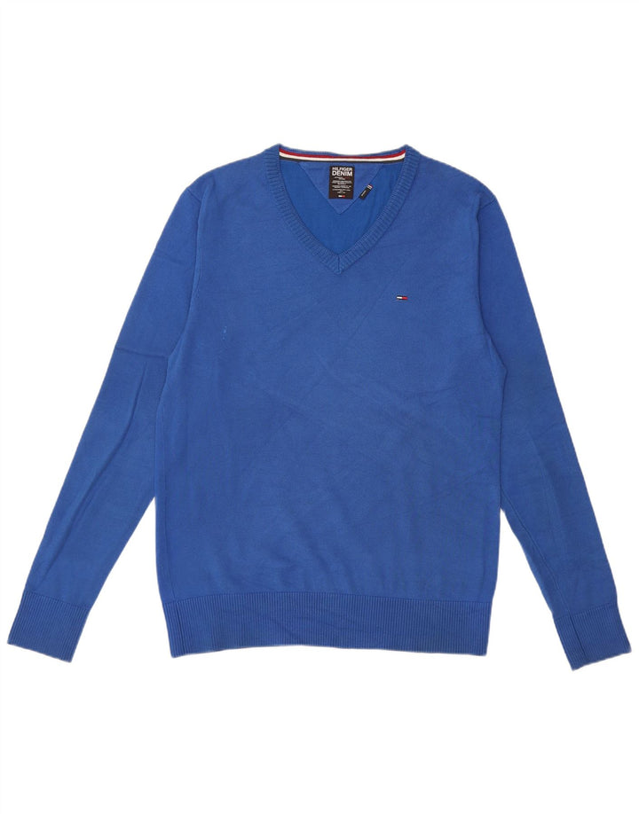 Tommy Hilfiger Suéter masculino com decote em V de algodão azul médio