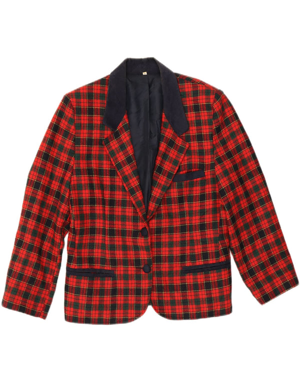 Jaqueta blazer feminina VINTAGE com 2 botões e manga 3/4 Reino Unido 14 xadrez vermelho médio