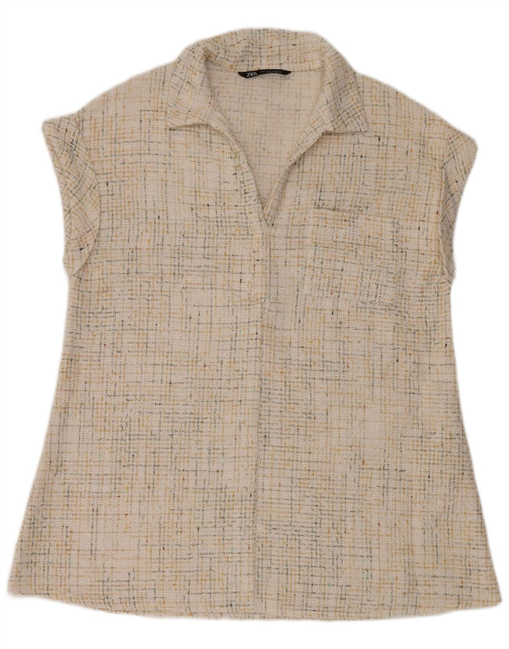 Camisa polo feminina sem mangas Zara UK 14 médio off white poliéster manchado