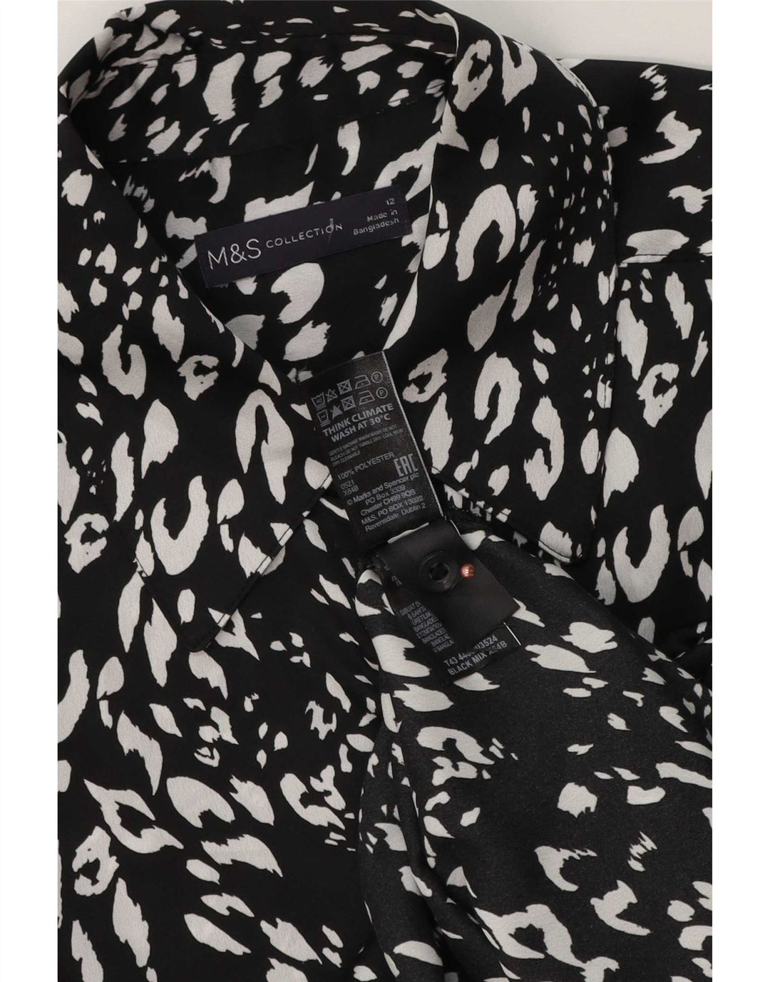 Blusa feminina Marks & Spencer Reino Unido 12 médio preto com estampa animal