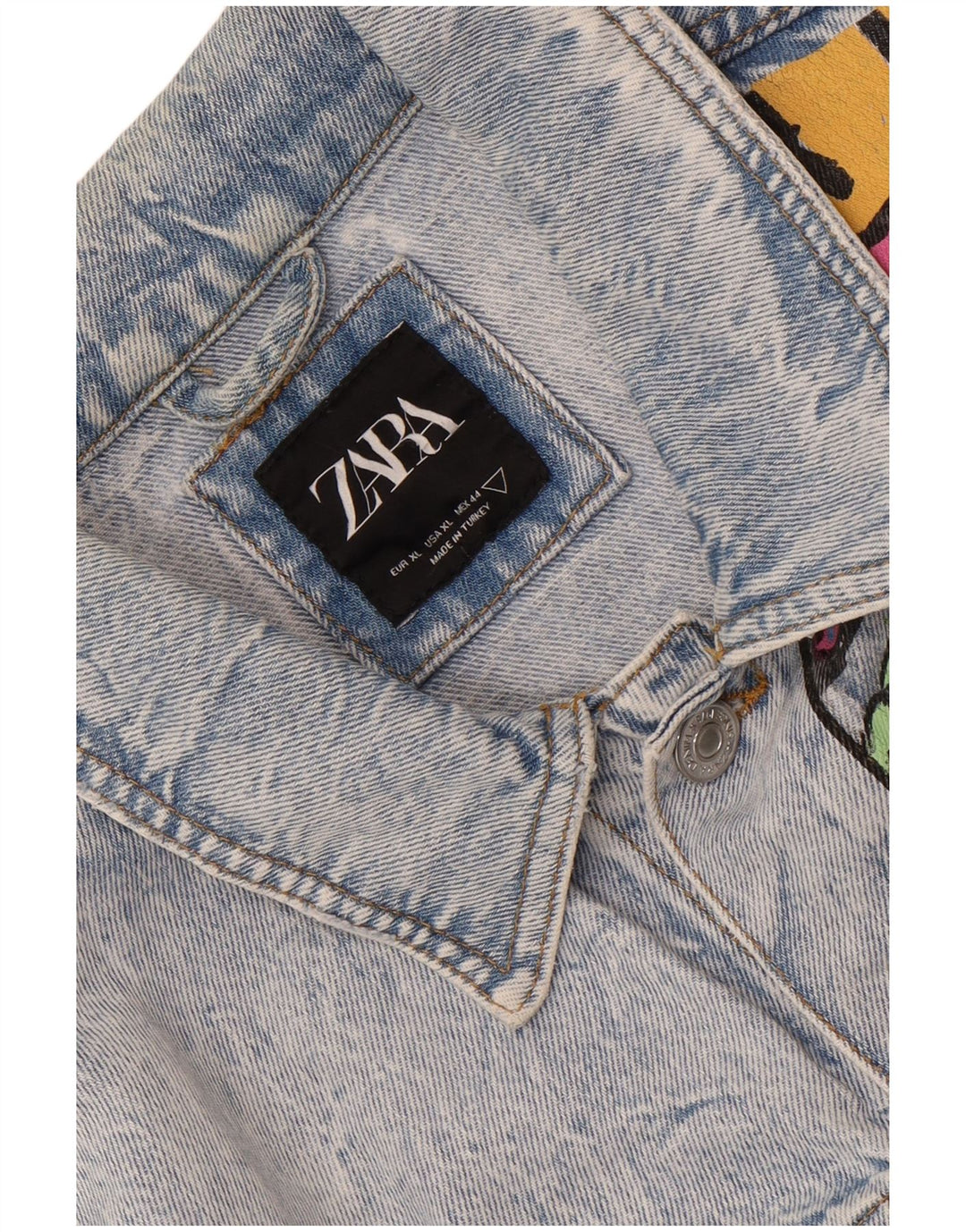 Jaqueta jeans masculina Zara com estampa gráfica desgastada Reino Unido 42 XL azul