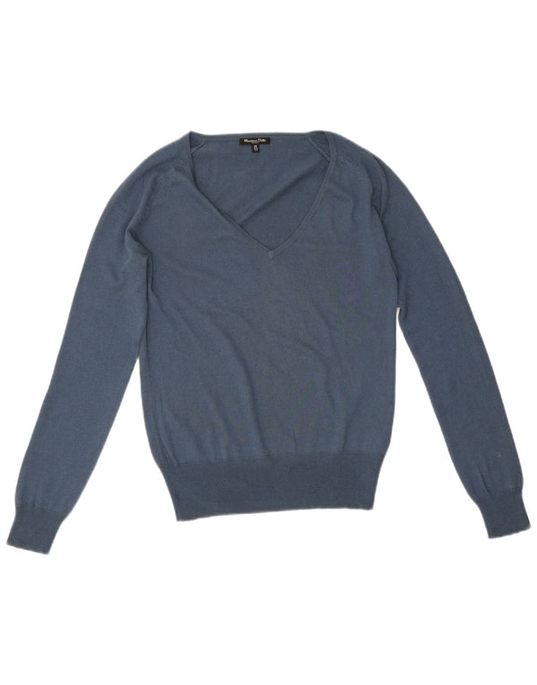 Suéter feminino Massimo Dutti com decote em V Reino Unido 12 seda azul médio