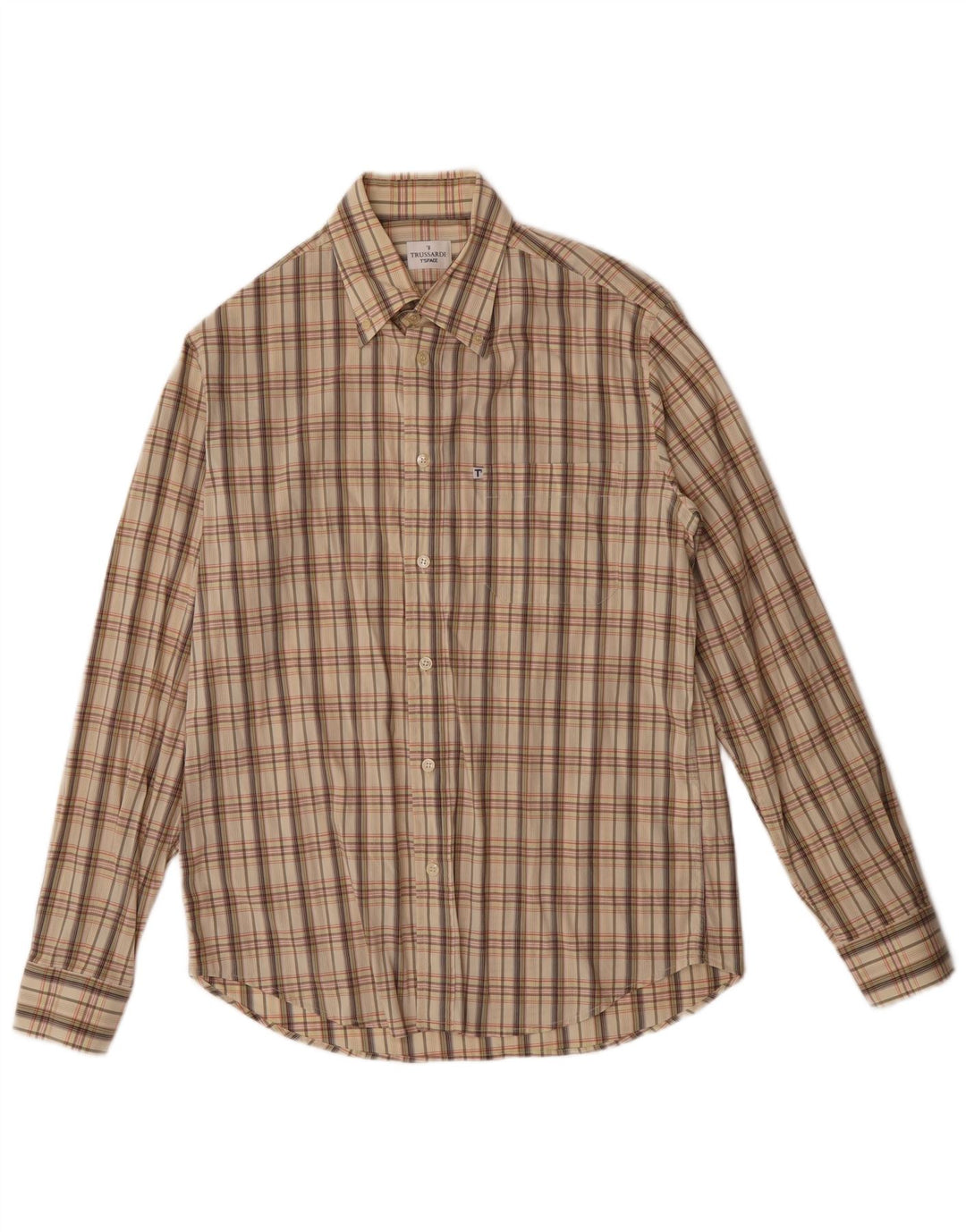 Trussardi Camisa masculina xadrez grande algodão xadrez bege