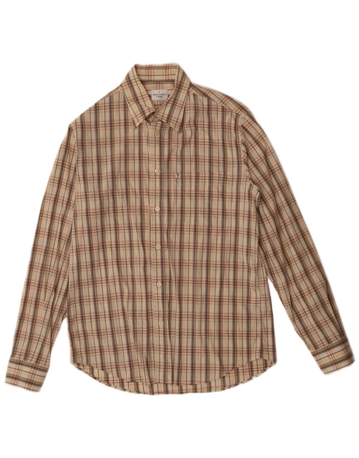 Trussardi Camisa masculina xadrez grande algodão xadrez bege