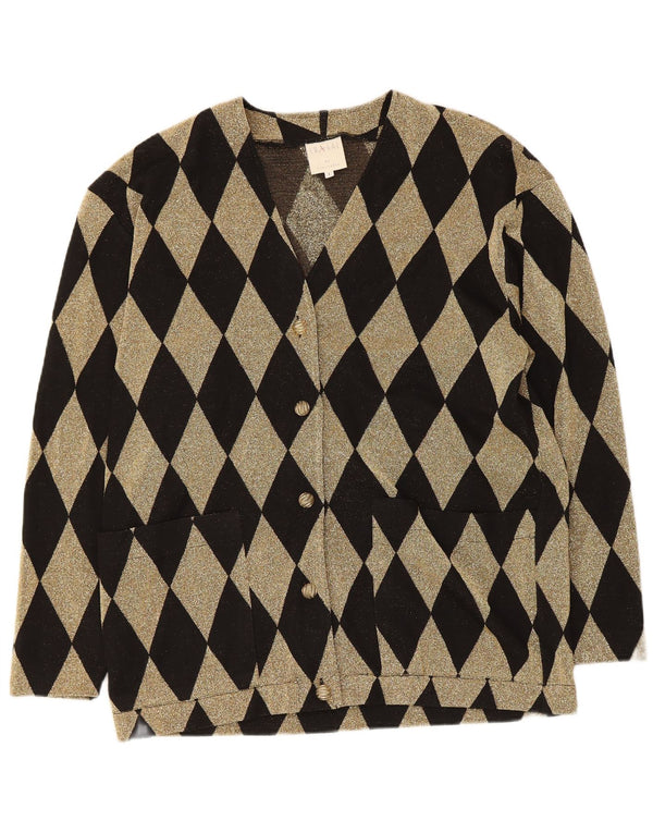 Suéter cardigã feminino vintage grande Reino Unido 16 grande preto argyle/diamante