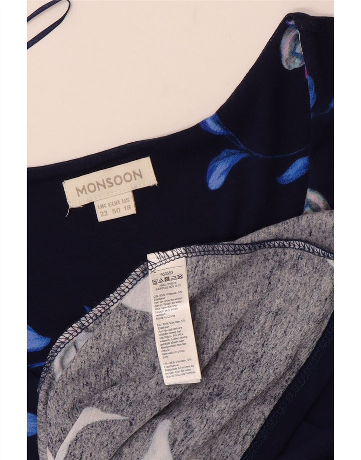 MONSOON Vestido feminino sem mangas evasê UK 22 3XL azul marinho viscose floral