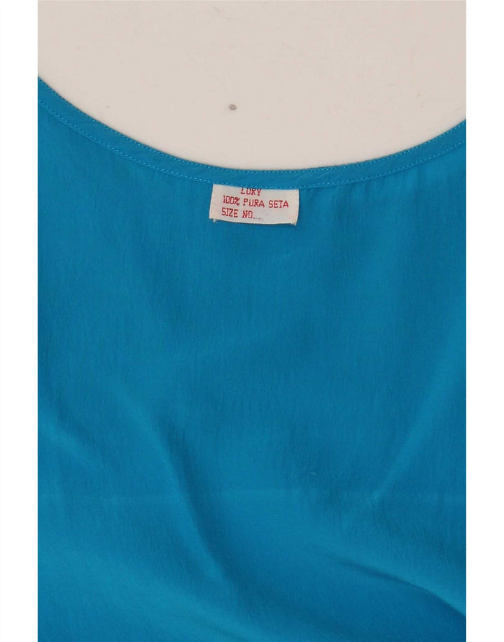 Blusa feminina vintage sem mangas, top UK 14 seda azul médio