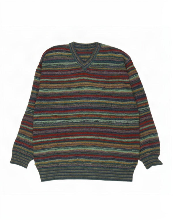 Suéter masculino vintage com decote em V grande lã listrada verde