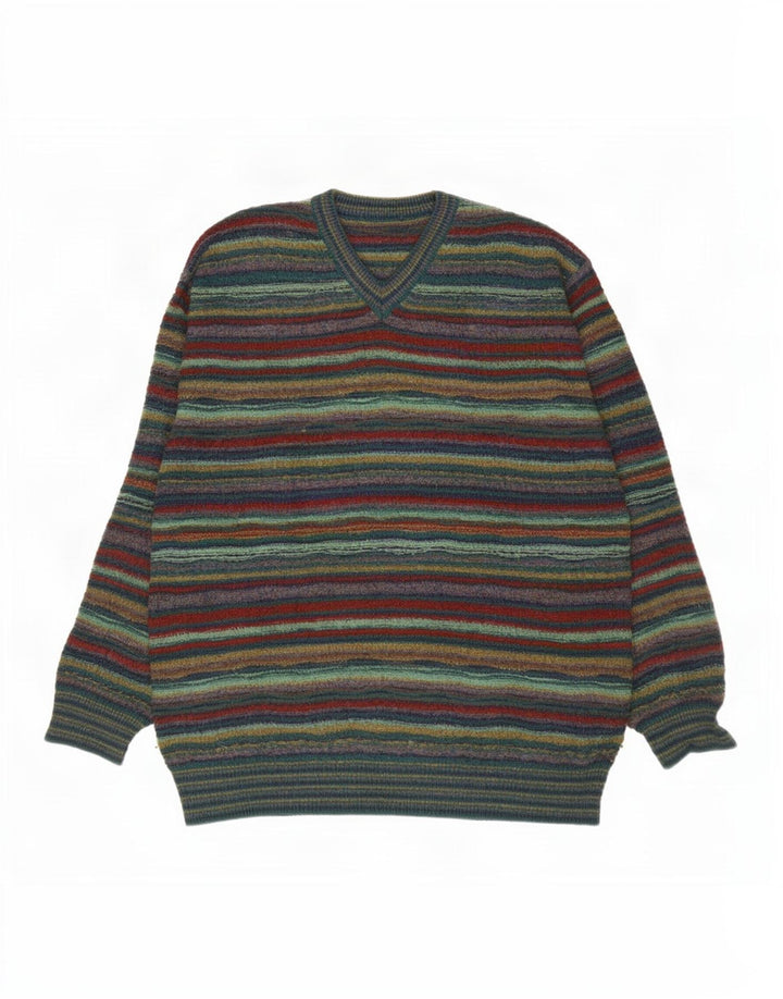 Suéter masculino vintage com decote em V grande lã listrada verde