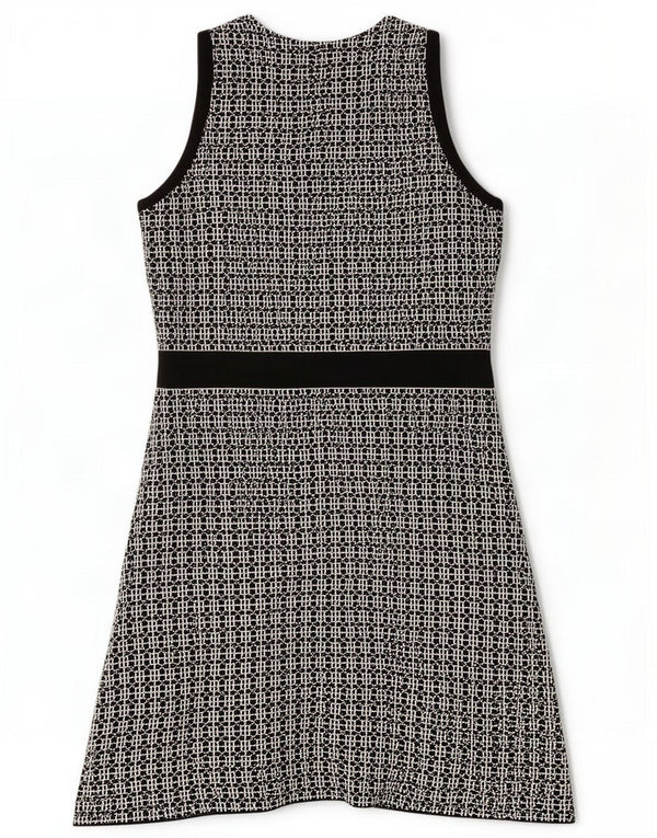 Vestido feminino Zara de malha sem mangas evasê UK 14 grande preto geométrico