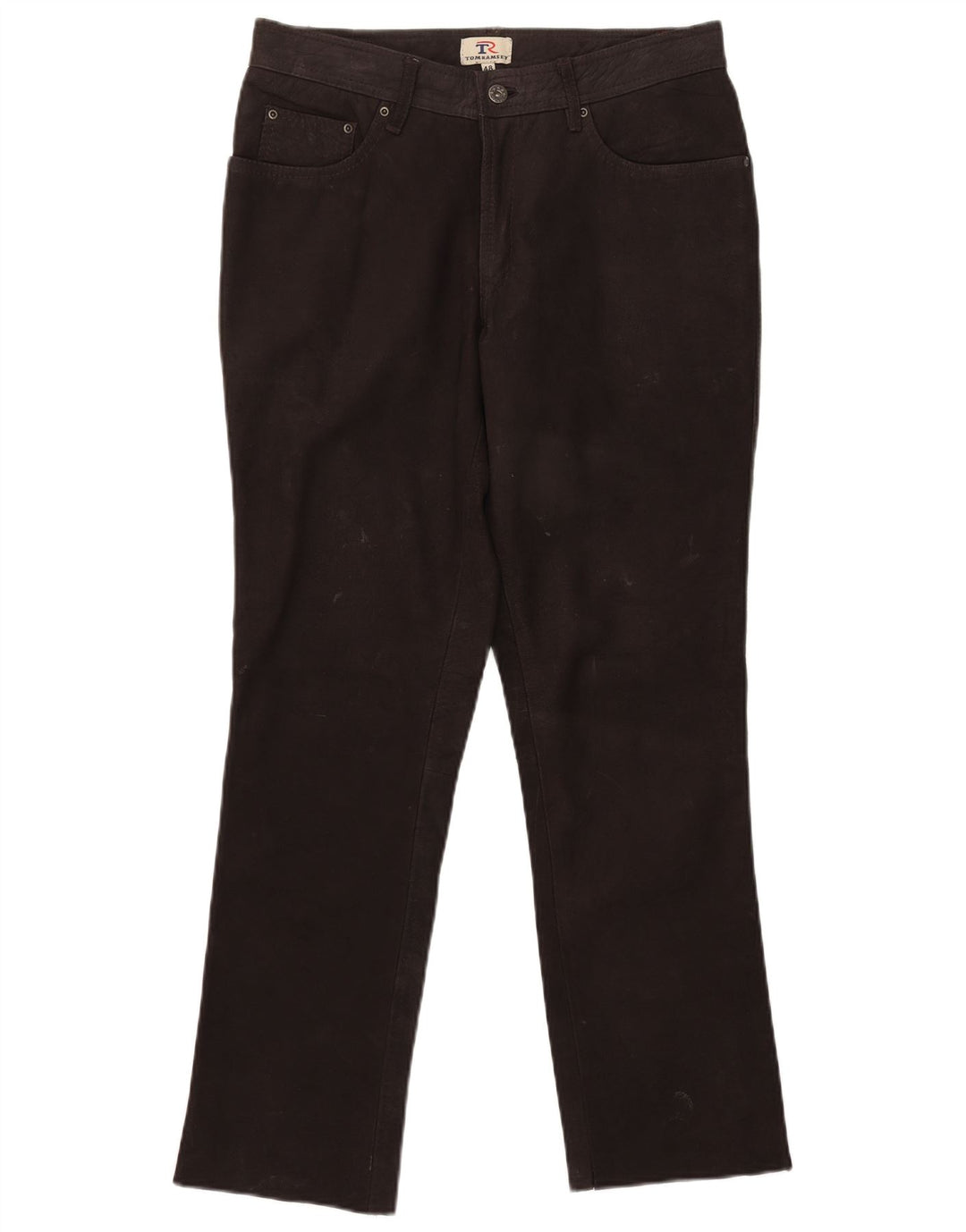 Calça masculina de couro fino Tom Ramsey EU 48 médio W32 L29 couro marrom
