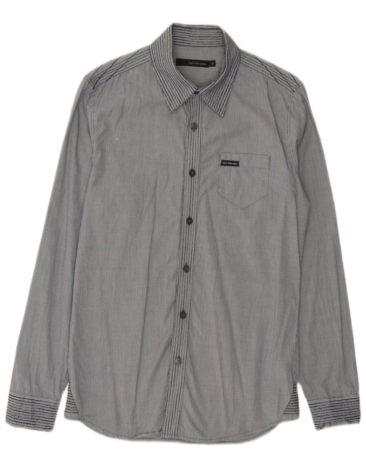 Camisa xadrez masculina Calvin Klein Jeans pequena listrada azul de algodão