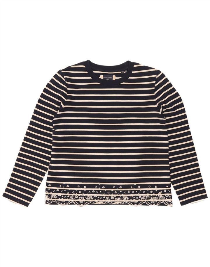 Superdry Womens Oversized Top Manga Longa UK 10 Pequeno Listrado Azul Marinho