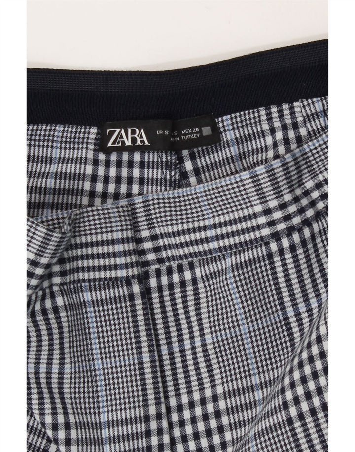 Zara Calça feminina slim cortada pequena W26 L26 azul marinho poliéster xadrez