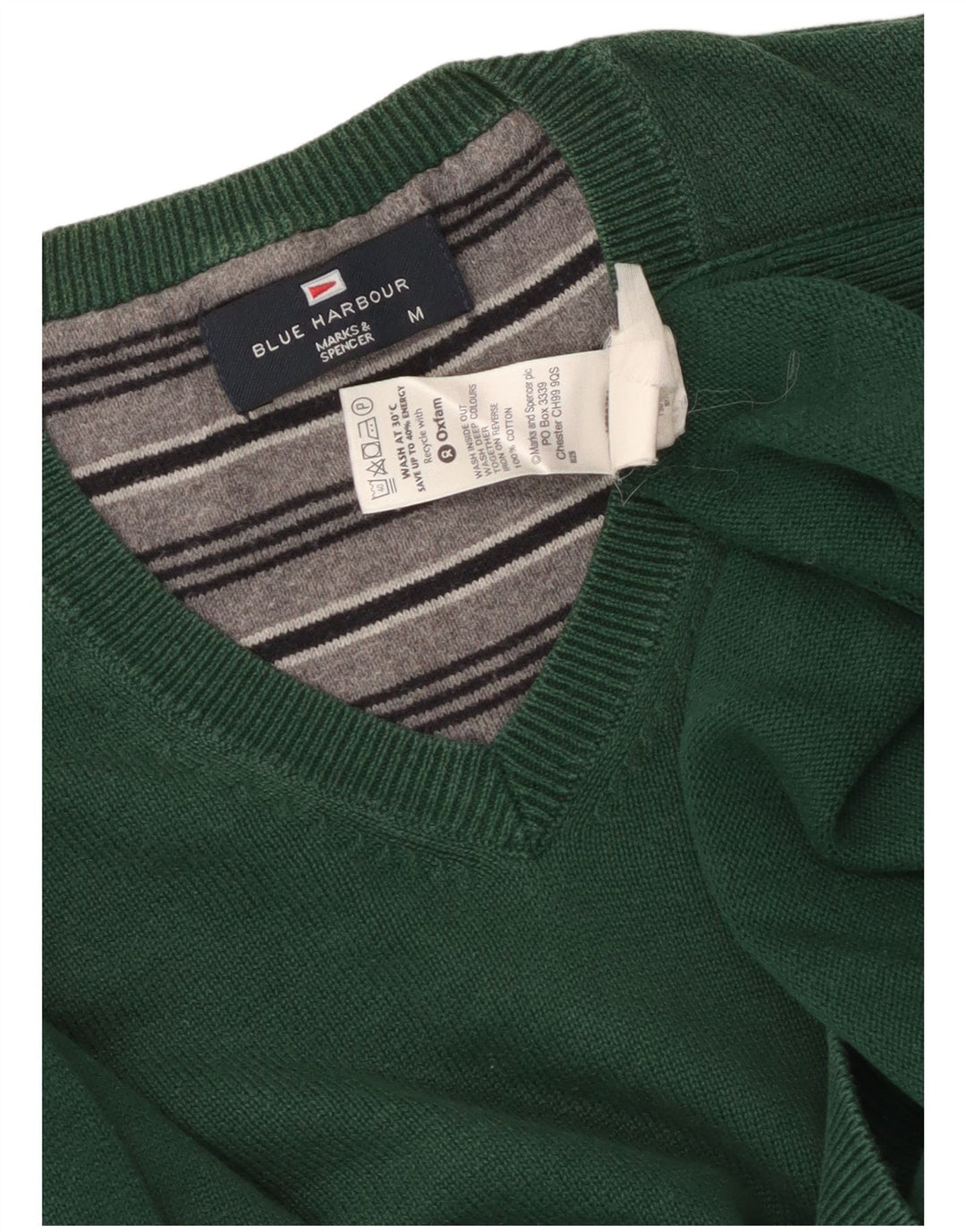 Suéter masculino Marks & Spencer Blue Harbor com decote em V, algodão verde médio