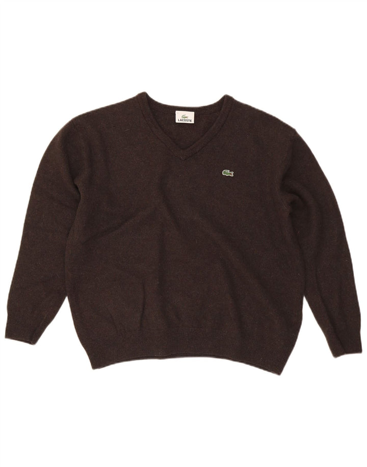 Suéter masculino Lacoste com decote em V tamanho 7 2XL lã marrom