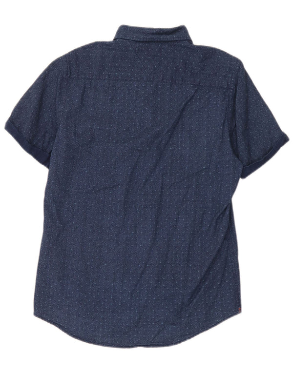 Camisa masculina de manga curta Tommy Hilfiger pequena algodão manchado azul marinho
