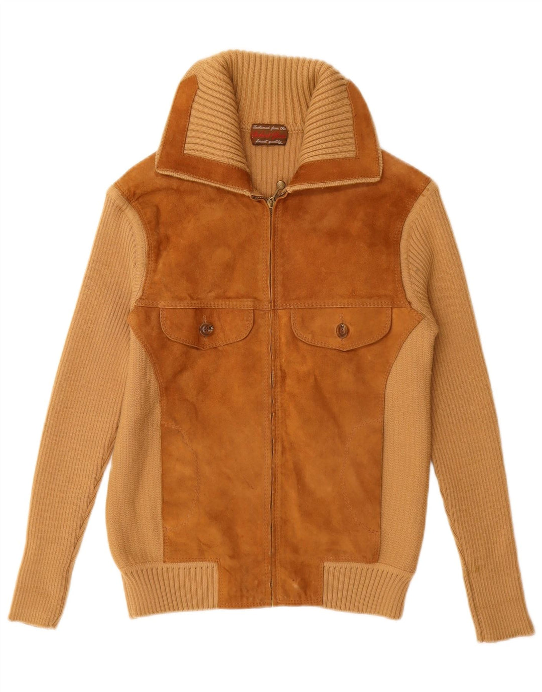 Suéter cardigã feminino de camurça VINTAGE Reino Unido 12 bloco colorido bege médio