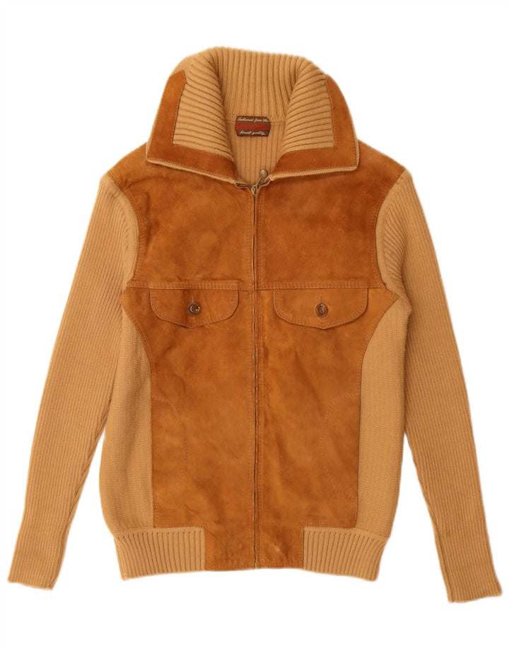 Suéter cardigã feminino de camurça VINTAGE Reino Unido 12 bloco colorido bege médio