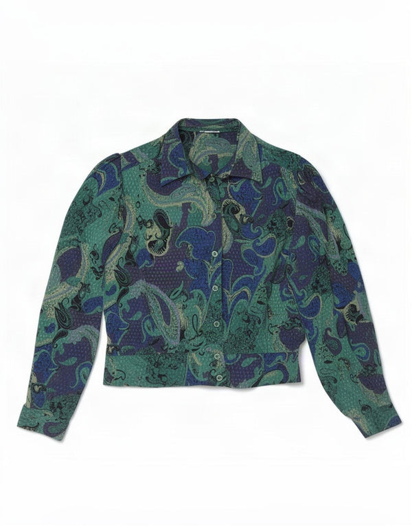 Blusa feminina vintage UK 12 Paisley verde médio