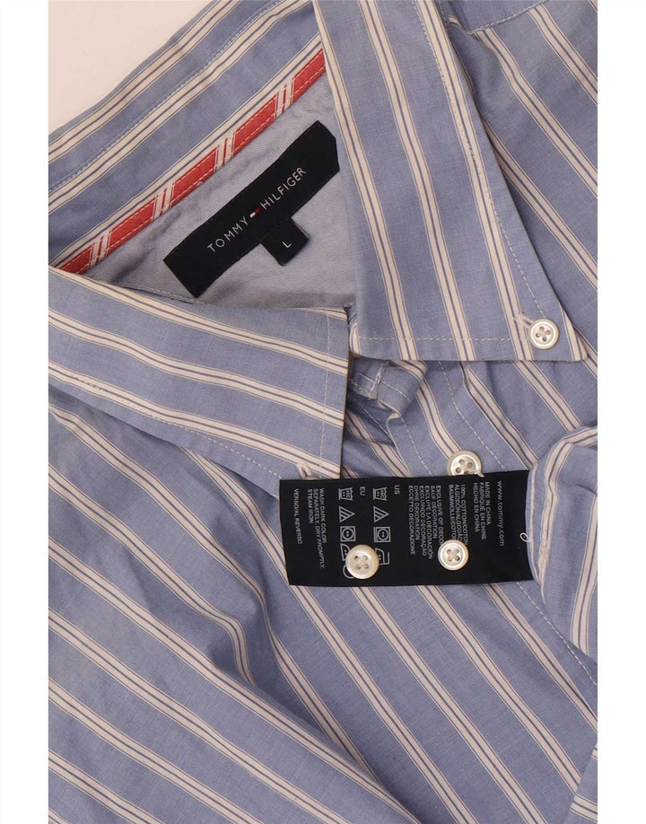 Camisa masculina Tommy Hilfiger grande listrada azul de algodão