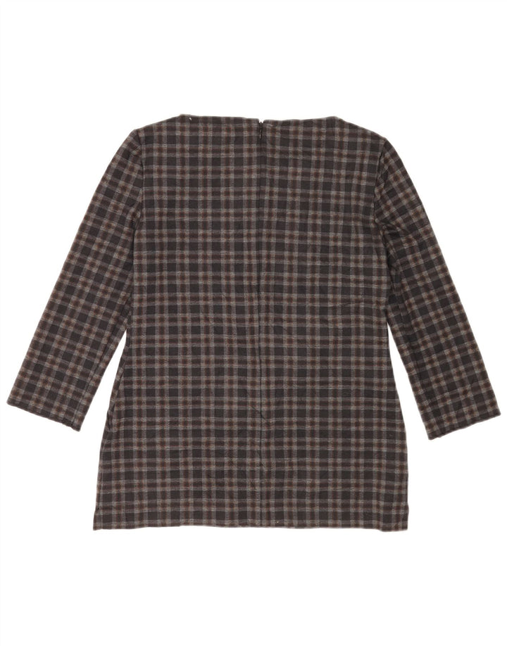 Blusa feminina Marks & Spencer manga 3/4 Reino Unido 8 pequena xadrez cinza